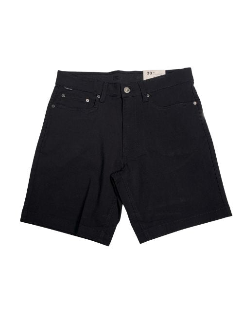 Black denim shorts on a white background