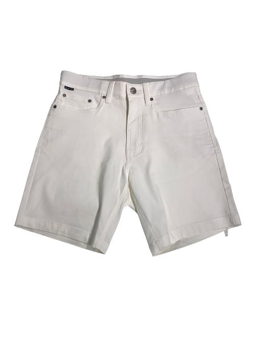 White denim shorts on a white background