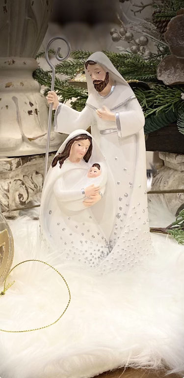 Pearl Embellished White and Silver Resin Holy Family