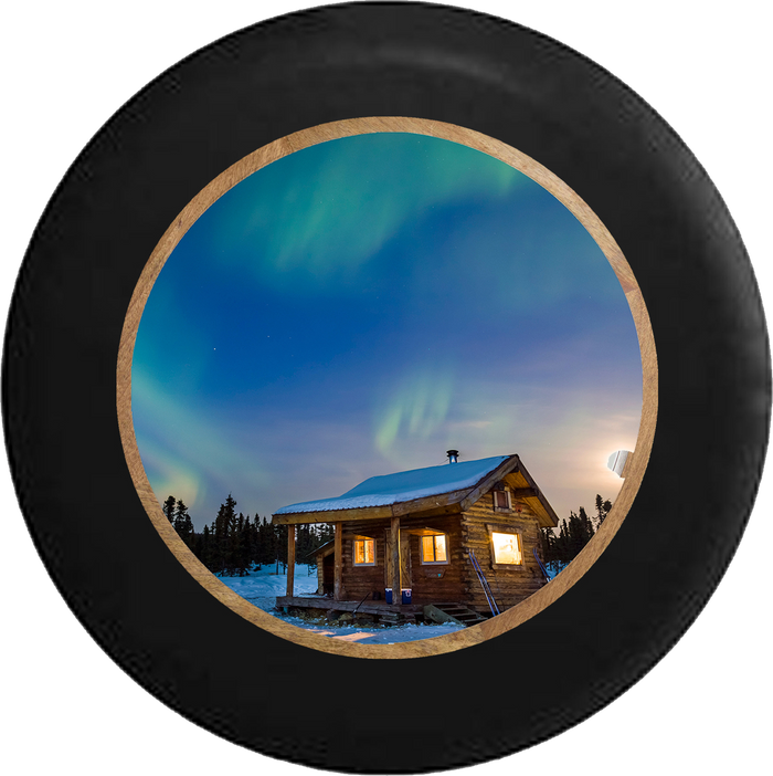 Alaska Sky behind Cabin, Aurora Borealis at Dusk Jeep Camper Spare Tire Cover BLACK-CUSTOM SIZE/COLOR/INK- R175 - TireCoverPro