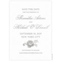 a white paper save the date with gray script and block font and floral design