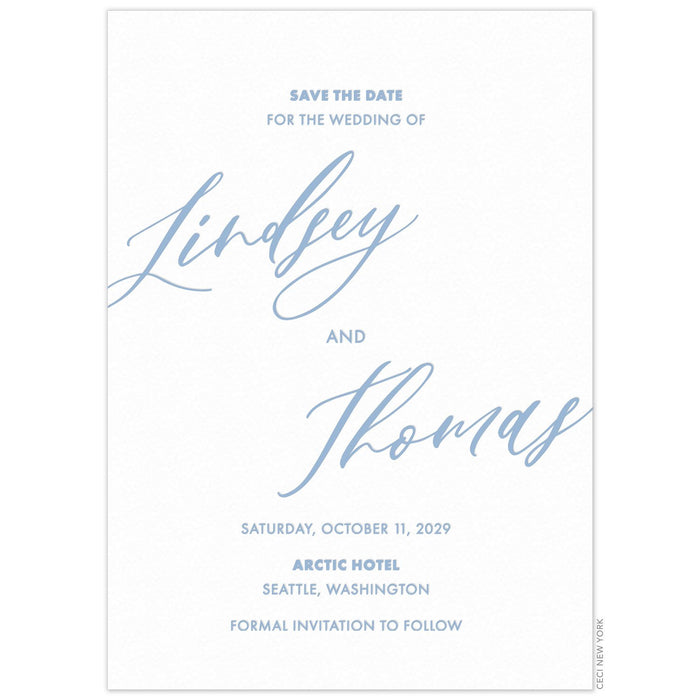 White invitation card with centered block font, large angled script font names in the center, everything in blue ink.