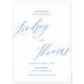 White invitation card with centered block font, large angled script font names in the center, everything in blue ink.