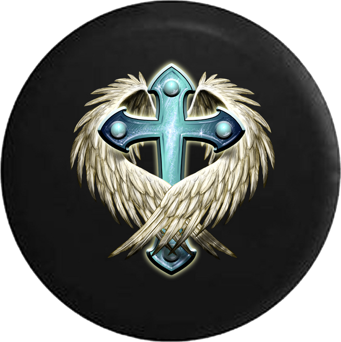 Angel Wings Metal Cross Jesus Bible Christian RV Camper Spare Tire Cover-35 inch