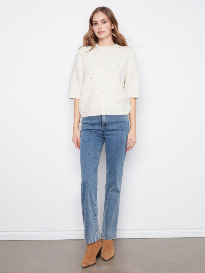 Balloon Elbow Sleeve Knit Sweater - Cookie And Cream