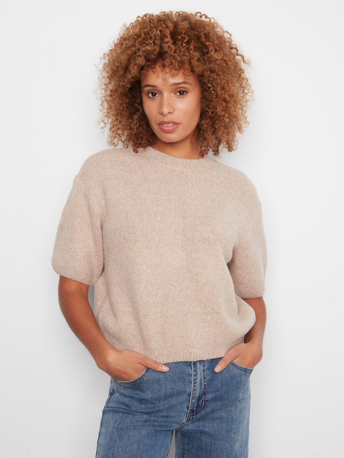 Balloon Elbow Sleeve Knit Sweater - Heather Latte