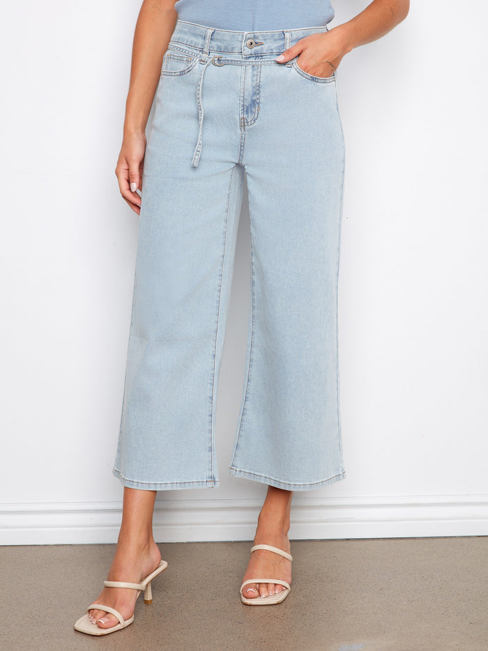 Belted Cropped Wide Leg Jeans - Bleach Blue
