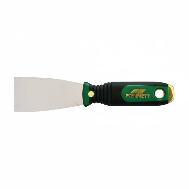 green and black handle on a stainless steel putty knife