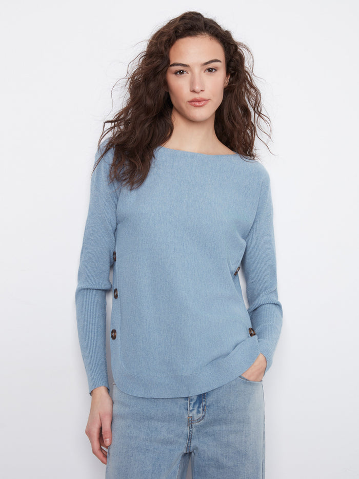 Light blue sweater with a boat neck, featuring side button details for a chic touch by Charlie B.