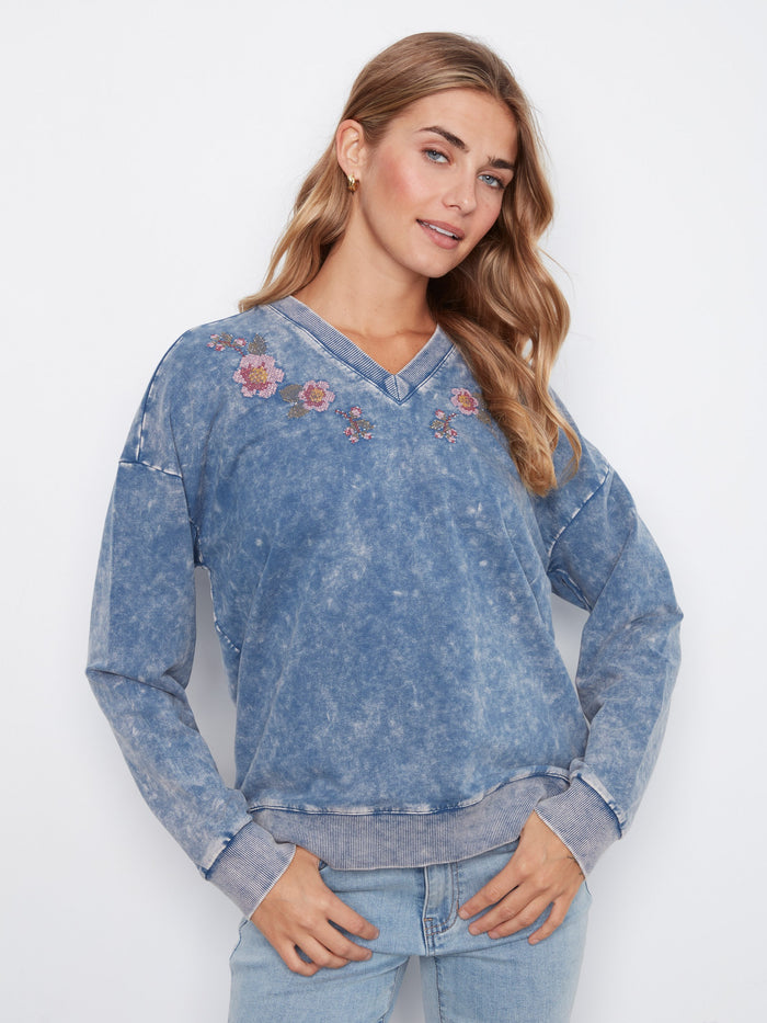 Denim blue terry top with stretch cotton and floral embroidery, perfect for casual outings by Charlie B.