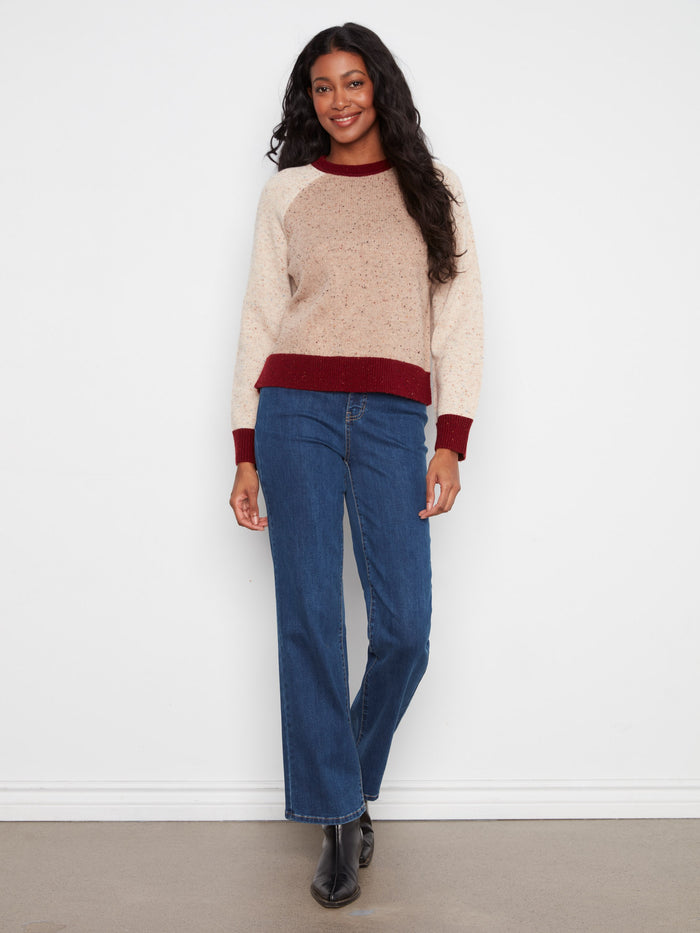 Earthy-toned knit sweater with a crew neck, showcasing long raglan sleeves and rich contrast trim by Charlie B.