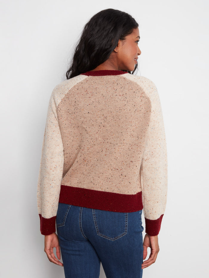 Knit sweater with contrasting trim in earthy colors, complete with long raglan sleeves and speckled texture by Charlie B.