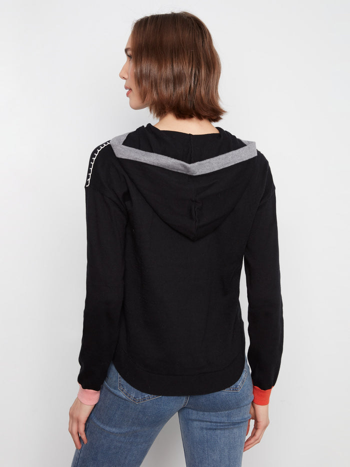 Stylish black hooded sweater with contrasting details on the shoulders and sleeves by Charlie B.