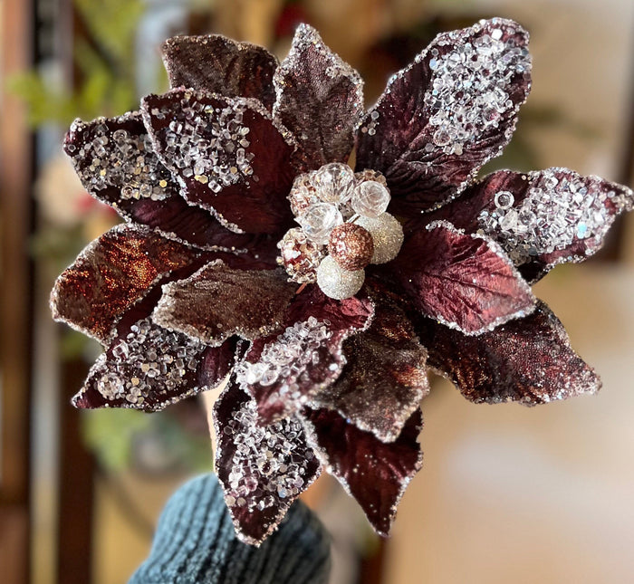 Copper Wine Crystal Accents Glam Velvet Poinsettia with Sequins Pack of 3 Christmas or Fall