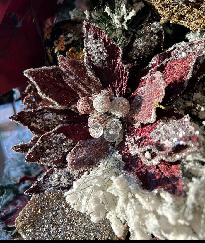 Copper Wine Crystal Accents Glam Velvet Poinsettia with Sequins Pack of 3 Christmas or Fall