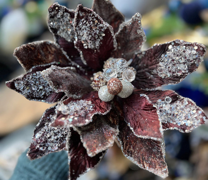 Copper Wine Crystal Accents Glam Velvet Poinsettia with Sequins Pack of 3 Christmas or Fall