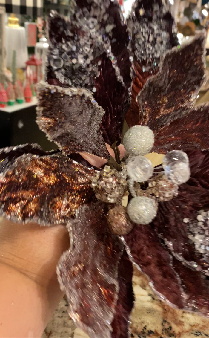 Copper Wine Crystal Accents Glam Velvet Poinsettia with Sequins Pack of 3 Christmas or Fall