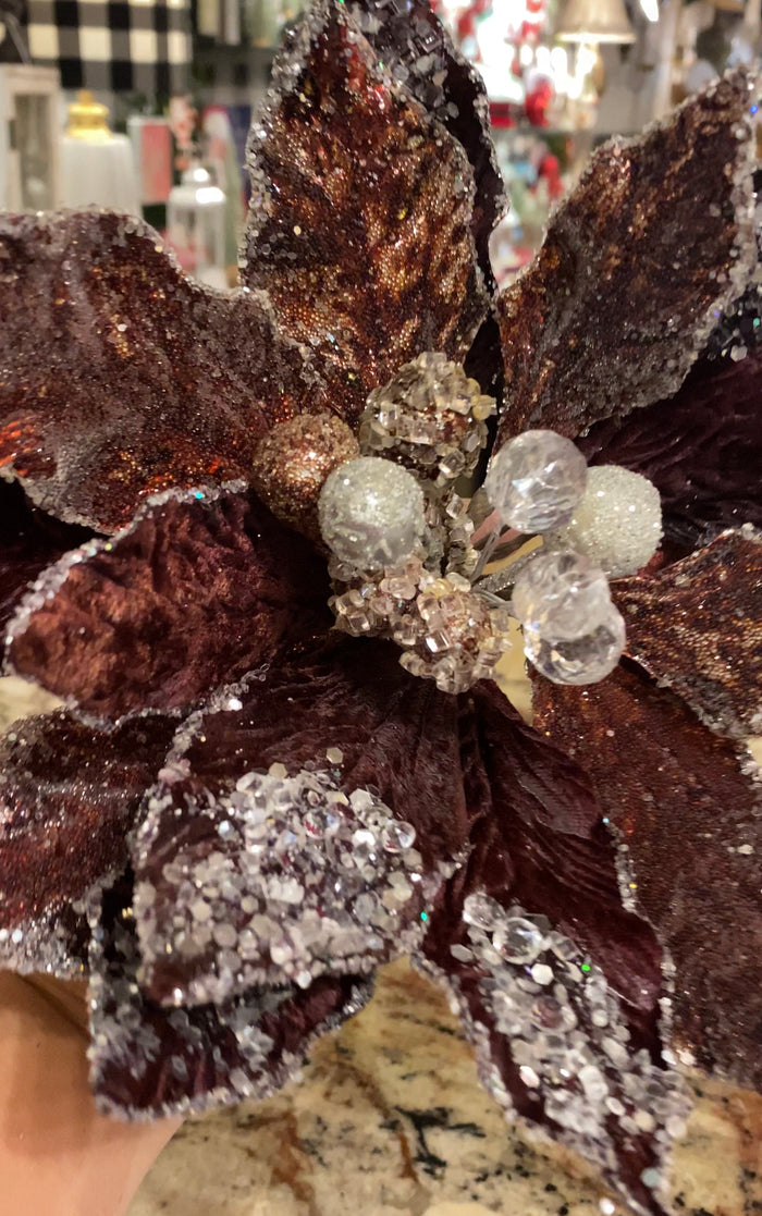 Copper Wine Crystal Accents Glam Velvet Poinsettia with Sequins Pack of 3 Christmas or Fall