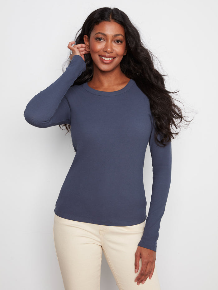 Ribbed long sleeve top in midnight blue, crafted from a stretch cotton-tencel blend for comfort by Charlie B.