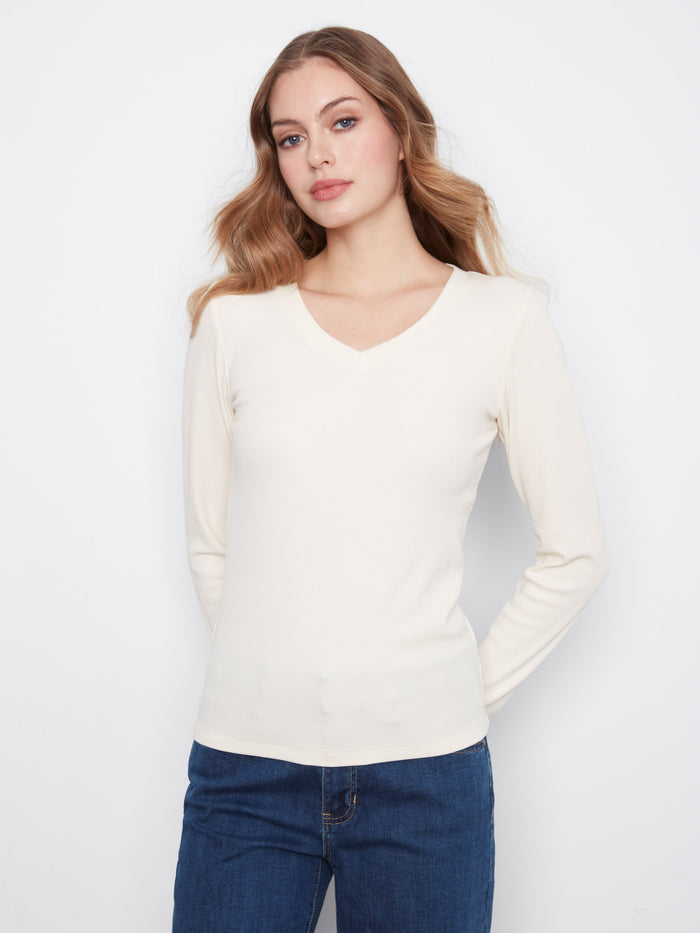 Elegant V neckline top crafted from stretch cotton-tencel blend by Charlie B.