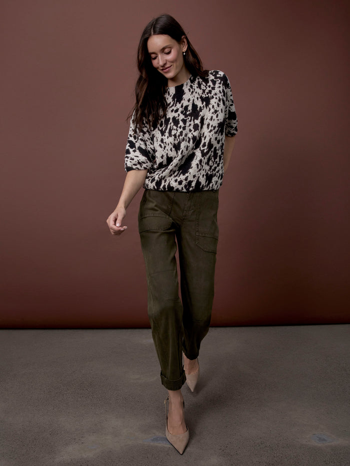 Cow Print Balloon Elbow Sleeve Knit Sweater - Spots