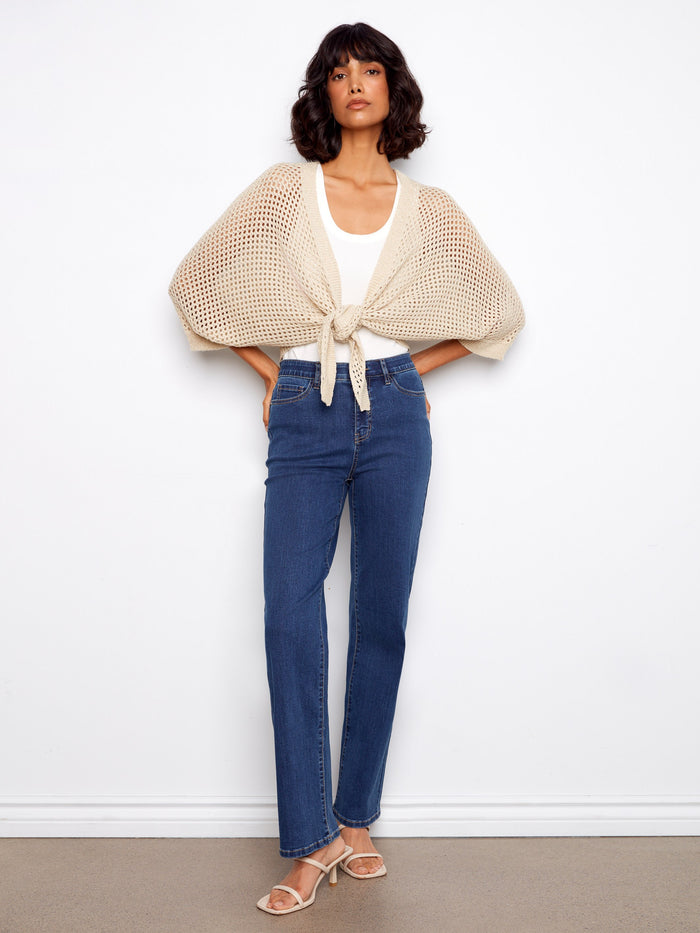 Stylish crochet sweater featuring subtle metallic effect and elbow-length dolman sleeves for a chic look by Charlie B.