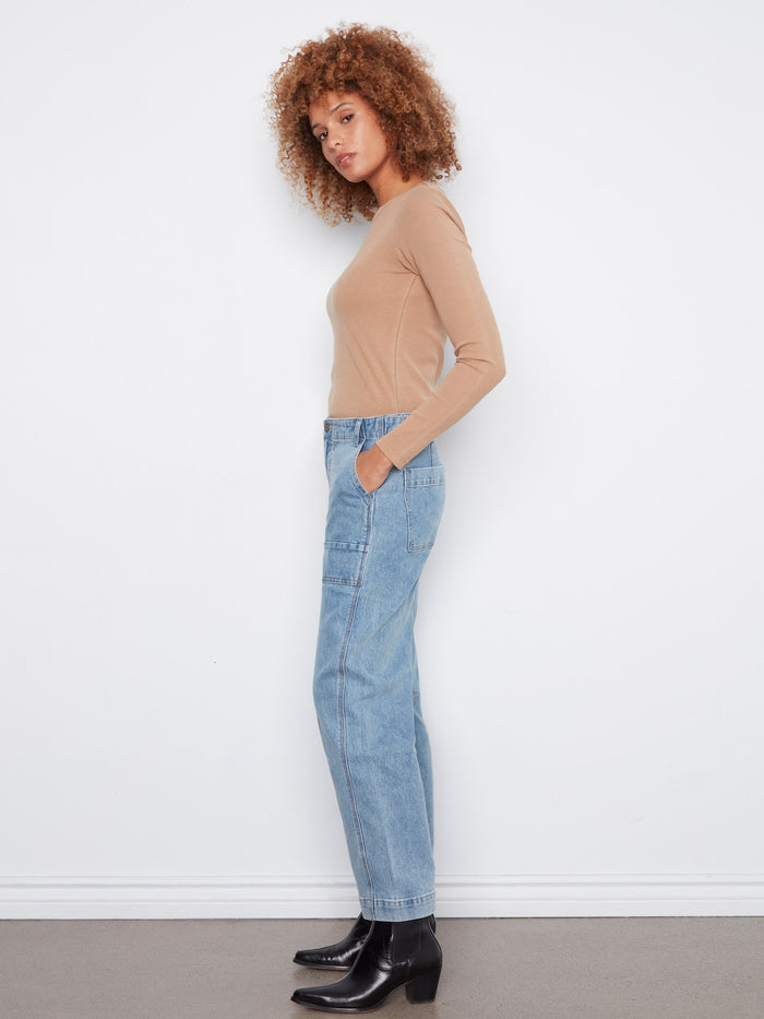 Blue cropped jeans featuring barrel leg design, adding a chic touch to your wardrobe essentials by Charlie B.