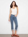Blue cropped jeans with a slim fit and flared leg, highlighting the floral hem trim for a trendy look by Charlie B.