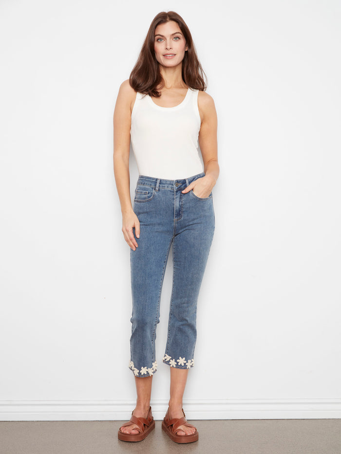 Cropped Flare Jeans With Floral Hem - Medium Blue