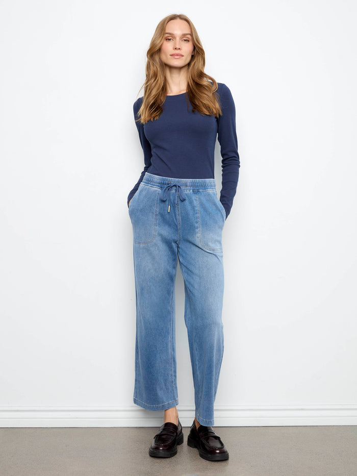 Wide leg design in soft knit denim makes these jogger pants stylishly comfortable for any casual occasion by Charlie B.