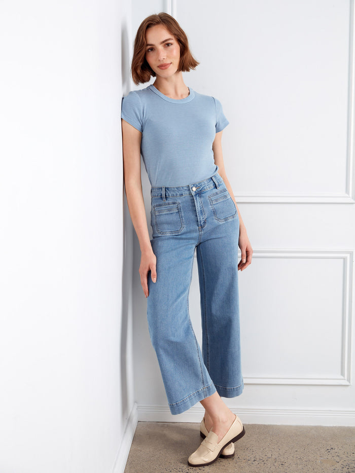 Cropped Patch Pocket Flare Jeans - Blue Jean