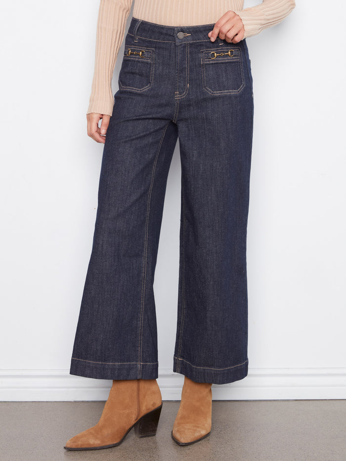 Cropped Patch Pocket Wide Leg Jeans With Horsebit Detail - Deep Blue