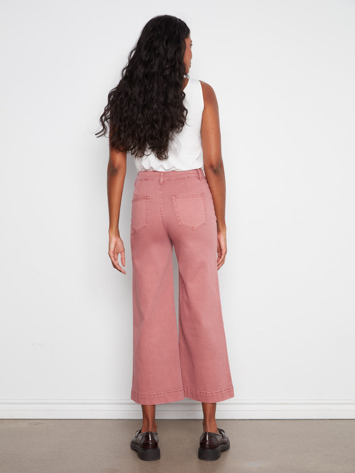 Pants with zip fly and button closure provide secure fastening and easy wearability, designed by Charlie B.