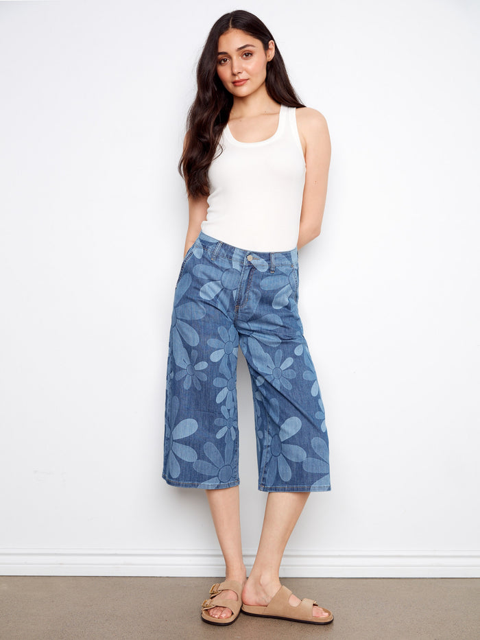 Cropped floral jeans with a regular rise and wide-leg fit, designed for easy styling by Charlie B.