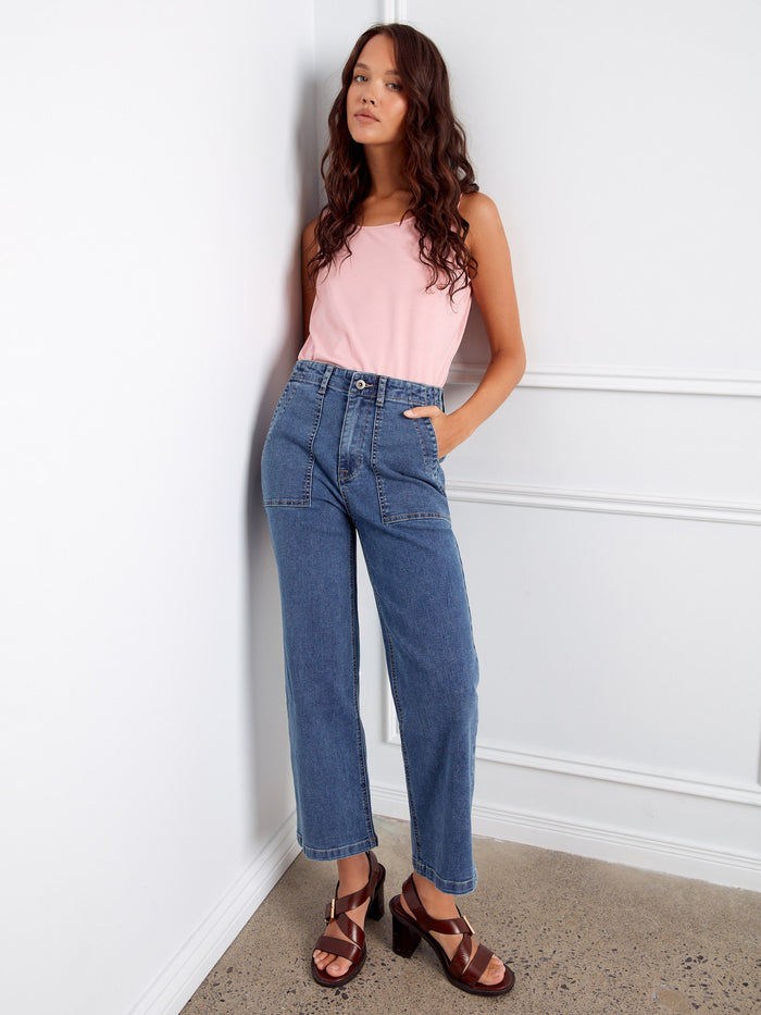 Cropped Utility Pocket Jeans - Medium Blue