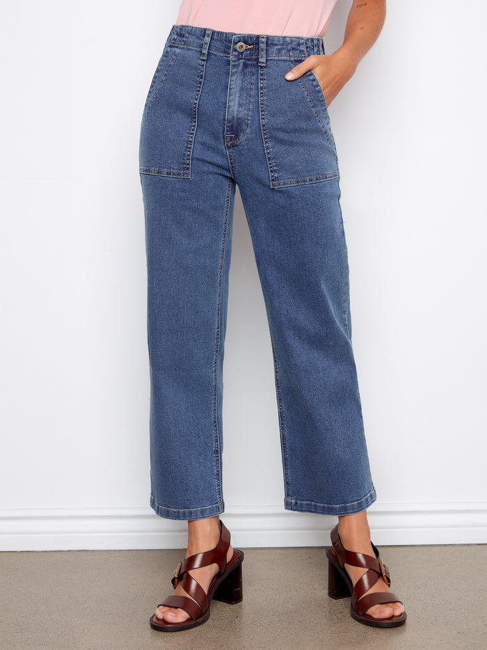 Cropped Utility Pocket Jeans - Medium Blue