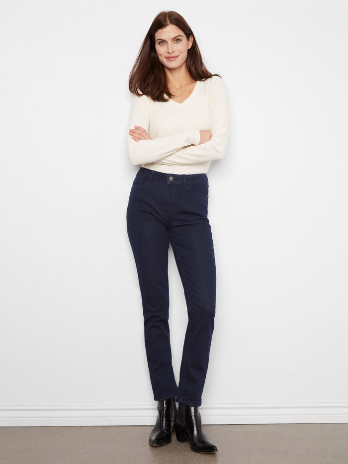 Elegant twill jeans designed with a cuffed hem and full length for a sleek silhouette by Charlie B.
