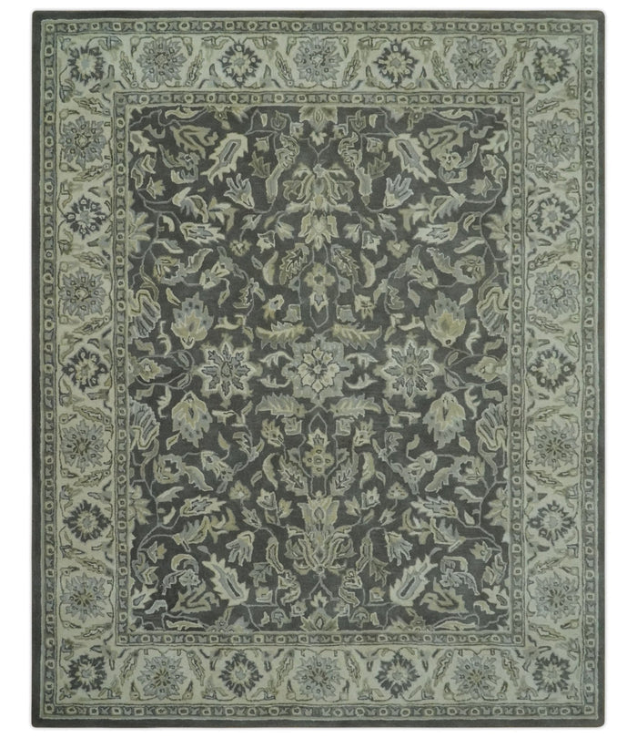 Custom Made Antique Design Charcoal and Beige Traditional Floral Hand Tufted rug - The Rug Decor