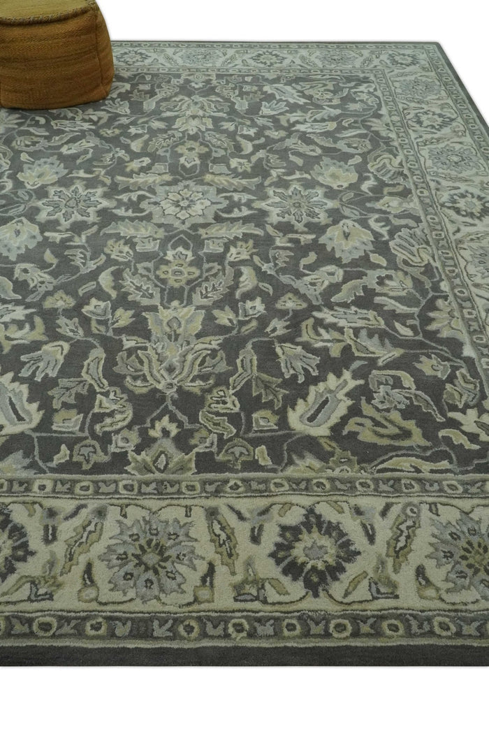 Custom Made Antique Design Charcoal and Beige Traditional Floral Hand Tufted rug - The Rug Decor