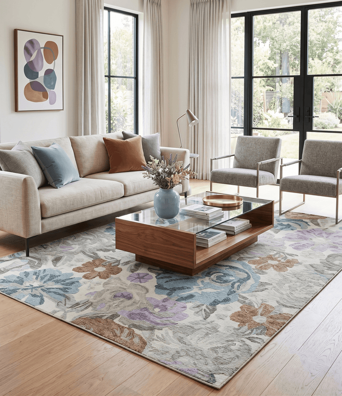 Custom Made Beautiful Ivory, Gray, Purple Flower Design Hand Tufted wool Area Rug - The Rug Decor
