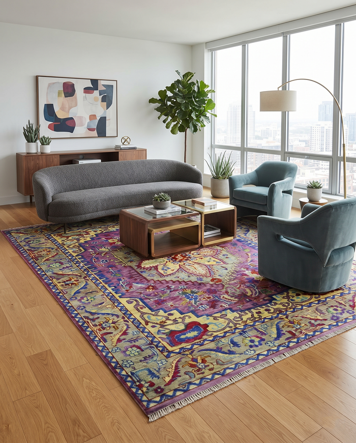 Traditional medallion hand-knotted area rug in light green and purple, wide border