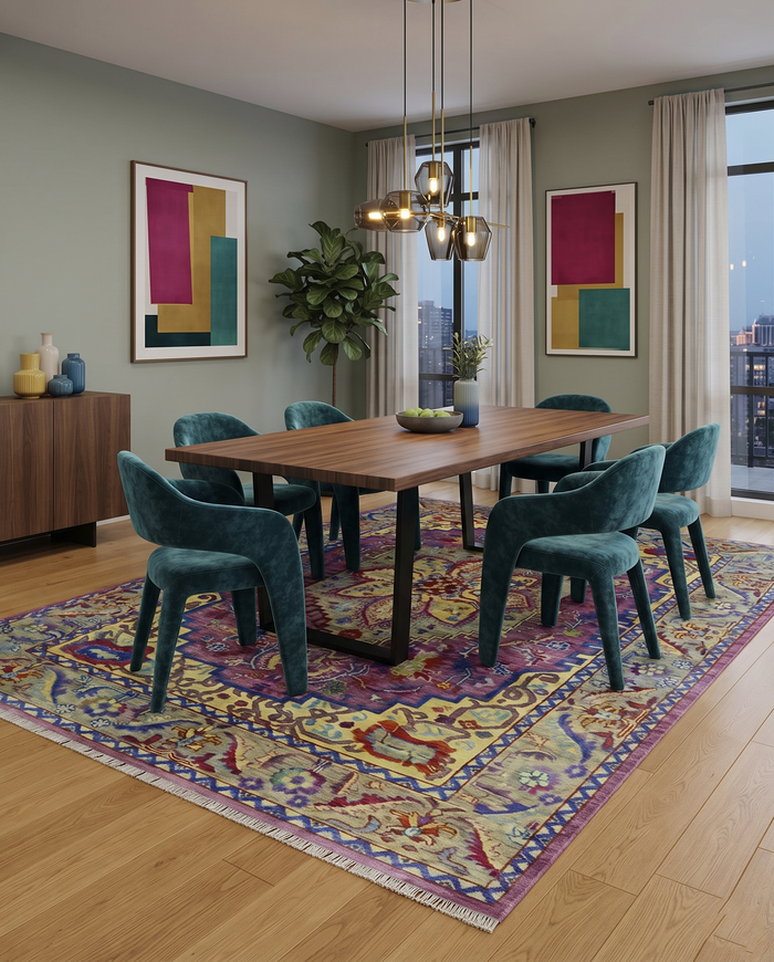 Traditional medallion area rug in light green and purple with hand-knotted border