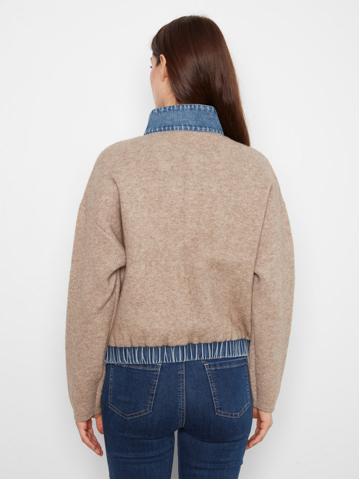 Chic heather sand sweater jacket highlighting its fashionable stand denim collar detail by Charlie B.
