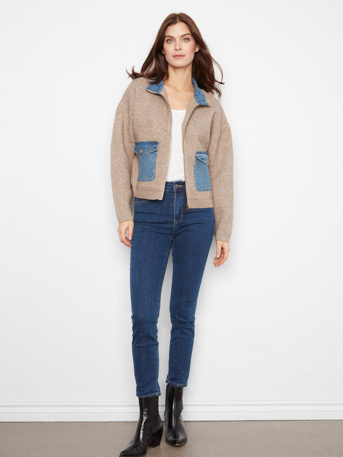 Denim Detail Sweater Jacket - Heather Sand