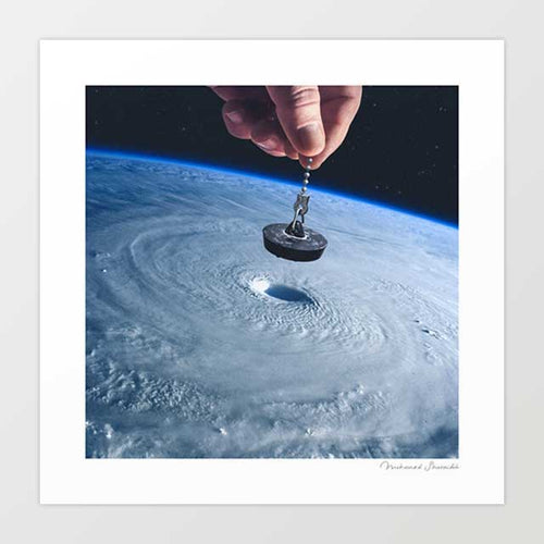 Down the Drain surreal art print — giant hand reaching from space to lower a bath plug into the eye of a hurricane, a hopeful climate commentary wall art for eclectic and eco-conscious interiors