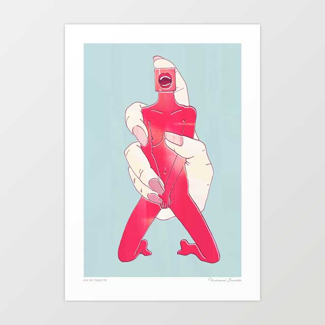 Eau de Toilette surreal art print — bold graphic crimson female figure as a perfume bottle with square stopper head and open lips held by giant pale hands, feminist pop art wall art for eclectic and statement interiors