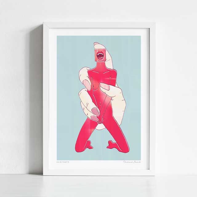 Eau de Toilette art print framed view — surreal pop art illustration of a woman shaped perfume bottle in vivid red against powder blue, bold feminist graphic wall art for gallery walls and creative spaces