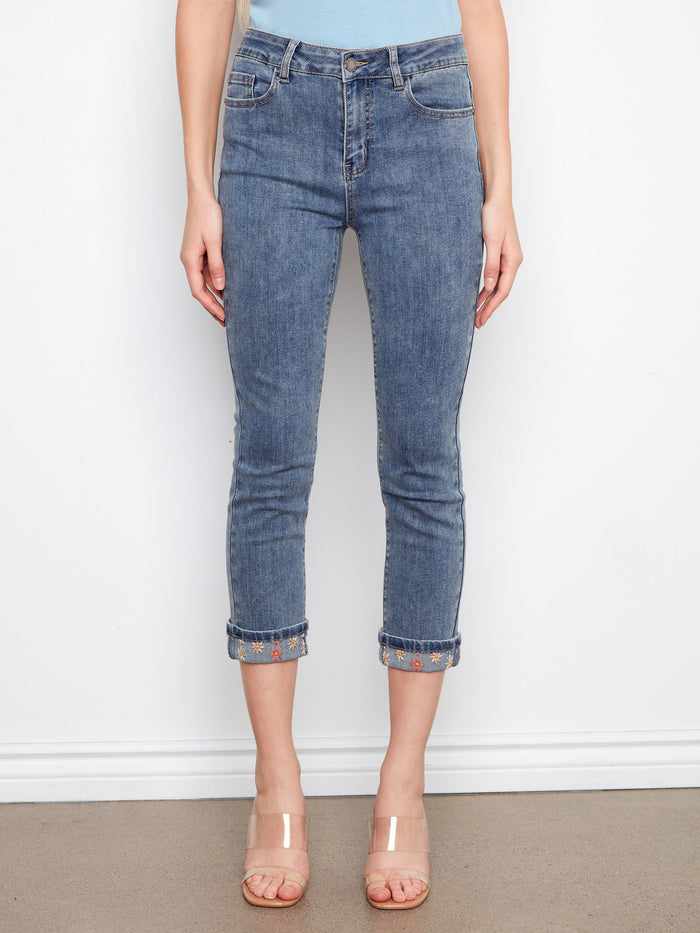 Embroidered Cuff Cropped Slim Leg Jeans - Medium Blue