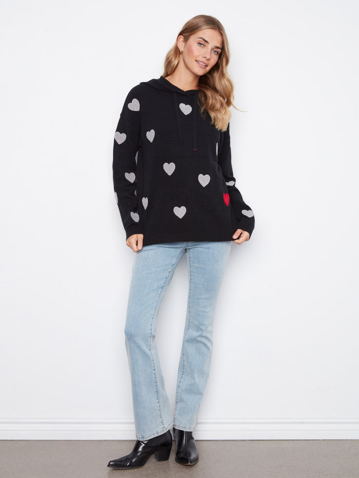 Stylish black hoodie adorned with embroidered hearts, complete with ribbed cuffs and hem for a snug fit. Ideal for layering by Charlie B.