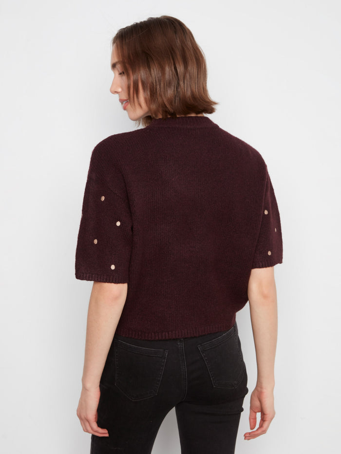Embroidered polka dots create a charming design on this heather-wine sweater, offering both style and comfort by Charlie B.